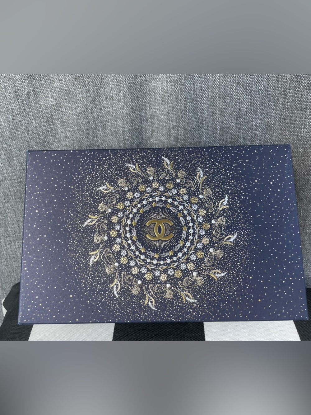 CHANEL Navy Decorative Box with Gold & White Celestial Motif